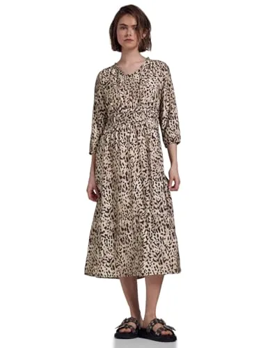 Street One Studio Damen Midi-Kleid mit Leo-Print - Freizeitkleider für Damen, elegantes Midi-Kleid mit voluminösen Volants und Raffung an der Taille für einen femininen Look.