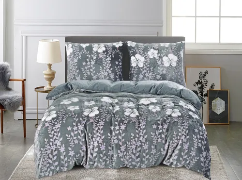 Teddy Bettwäsche Grau Blumen 135x200 Bettbezug-Set mit Kissenbezug 2teilig mit Reißveschluss Kuschelige Plüsch Fleece Winter Warme Kuschelbettwäsche