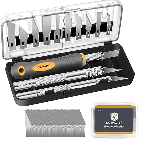 MulWark 136-teiliges Präzisions-Bastelmesser-Set mit magnetischem Klingenlager im Griff – Tragbares Exacto-Messer, inkl. Meißel, Schablonenkanten & Feinspitzklingen, 120 Stück #11 Klingen