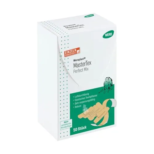 Weroplast® MasterTex Pflasterset – Perfect Mix, 50 Stk - Elastisches Textilgewebe, sehr anpassungsfähig & robust - Hautfreundliche Pflaster in verschiedenen Größen