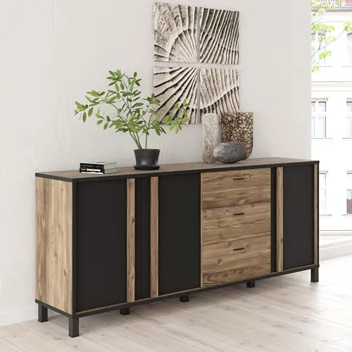 Forte HAYATO Sideboard mit 3 Schubladen und 3 Türen, Alpine Bicea/Schwarz - Praktisches Sideboard mit 3 Schubladen und 3 Türen für optimalen Stauraum in Ihrem Zuhause. Ideal für Wohn-, Schlaf- oder Esszimmer. Pflegeleichte Oberfläche und einfache Montage sorgen für Komfort und Stil.