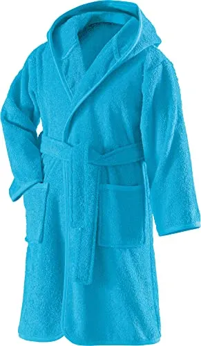 Erwin Müller Kinder-Bademantel mit Kapuze Uni Frottier türkis Größe 158/164 - weich, flauschig, saugstark, mit Bindegürtel und Taschen, 100% Baumwolle
