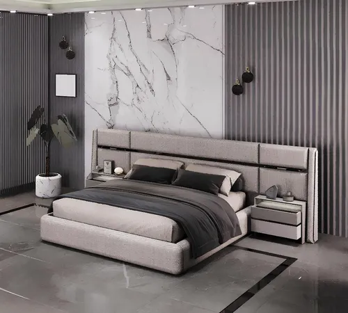 Elegantes Schlafzimmer-Set mit Bett und 2 Nachttischen im modernen Design - Schlafzimmergarnitur für Erwachsene: 3-teiliges Set mit stilvollem Polsterbett (180x200 cm) und 2 Nachttischen. Hochwertiges Holz und Stoff, ideal für modernes Wohnen. Maße Bett: 212,6 x 197,6 x 138 cm.