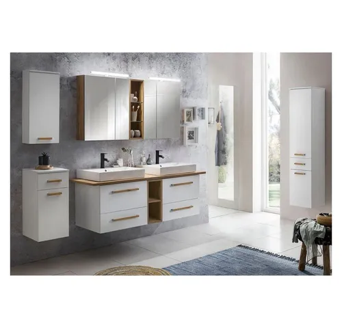 Lomadox Badmöbel-Set Dabo-04, 6-teilig, Weiß mit Landhaus Eiche - Elegantes Badmöbelset mit Doppel-Keramik-Waschtisch, Softclose-System und LED-Beleuchtung. Hochwertige Materialien sorgen für Langlebigkeit und ein modernes Design in Ihrem Badezimmer.