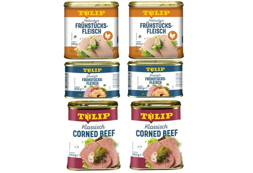 TULIP Wurstkonserve Frühstücksfleisch Corned Beef 340g + Hähnchen 340g + Schwein 200g, (Set, Corned Beef + Hähnchen + Schwein), Dänische Delikatesse