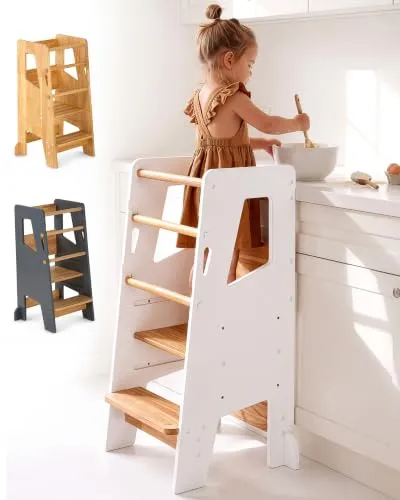 newkids® Höhenverstellbarer Lernturm für Kinder ab 1 Jahr – Montessori Design, Weiß