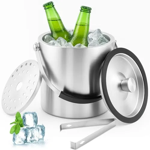 Druuzyl 1,6L Eiswürfelbehälter Edelstahl mit luftdichtem Deckel Sieb und Eiszange, Eiseimer Edelstahl, Doppelwandig Isolierter Flaschenkühler, Tragbarer Eiskübel zum Kühlen von Bier Champagner Wein