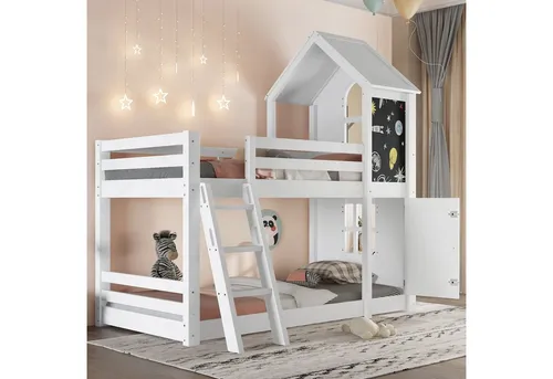 Merax Etagenbett mit Tür, Fenstern, Dach & Tafel – 90x200 cm - Das Merax Etagenbett verwandelt das Kinderzimmer in eine Spielwelt. Mit integrierter Tafel, Dach und Fenstern bietet es kreativen Spielspaß und Geborgenheit. Die dreistufige Schrägleiter ermöglicht einen sicheren Aufstieg.