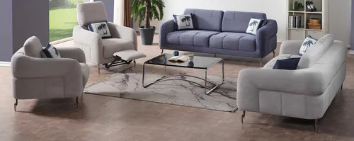 Blau-Graue Wohnzimmer Couchgarnitur Stilvolle Polstersofas 2x Sessel