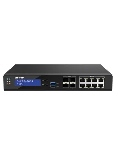 QNAP QuCPE-3034-C3758R-16G - Netzwerkvirtualisierung mit Intel Atom C3758R 8-Core, 8 x 2.5GbE RJ45 und 4 x 10GbE SFP+ Ports, ideal für leistungsstarke Netzwerklösungen