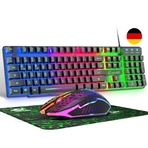 QWERTZ Gaming Tastatur und Maus Set mit LED Beleuchtung - Tastaturen für Gamer: 104 Tasten mit Regenbogen-LEDs, 2400 DPI Gaming-Maus, ergonomisches Design für stundenlangen Komfort, kompatibel mit PC, PS4 und Xbox.