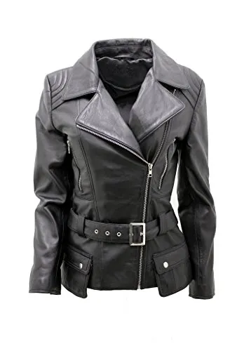 Damen Schwarz Lange Feminine Leder Motorradfahrer Jacke 12