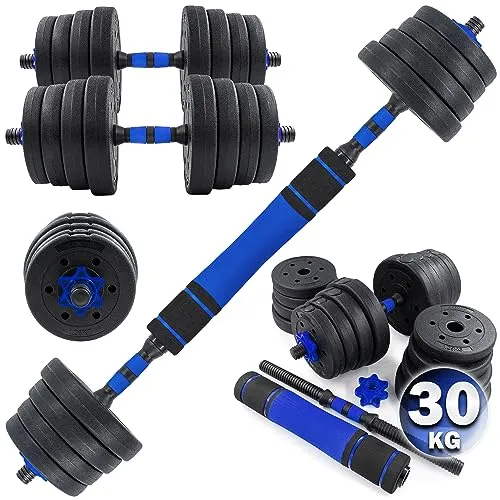 C.P. Sports 2in1 Kurzhantel – Langhantel Set 20kg / 30kg / 40kg | Hantelscheiben – Gewichte – Hantelstangen | verstellbare Hanteln – Hantelset für Krafttraining, Fitness, Home Gym (blau – 30kg Set)