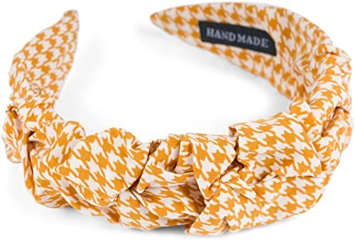 styleBREAKER Damen Haarreif mit Hahnentritt Muster in dezenter Rüschen Optik, Haarband Pepita, Haarschmuck 04027044, Farbe:Curry-Weiß