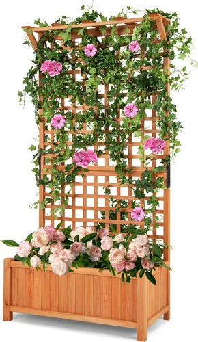 COSTWAY Blumenkasten mit Spalier & Dach aus Tannenholz - Hochbeet mit robustem Rankgitter für Kletterpflanzen. Der große Pflanzkasten bietet Platz für zahlreiche Pflanzen und sorgt dank Drainagelöchern für optimale Wasserableitung.
