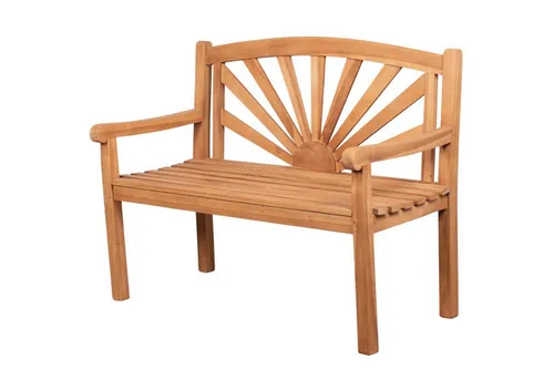 bene living Teakholz Gartenbank 120 cm mit Sonnen-Motiv - Sitzbänke aus langlebigem Teakholz, ideal für entspannte Stunden im Freien mit kunstvoller Rückenlehne und zwei Armlehnen für maximalen Komfort.