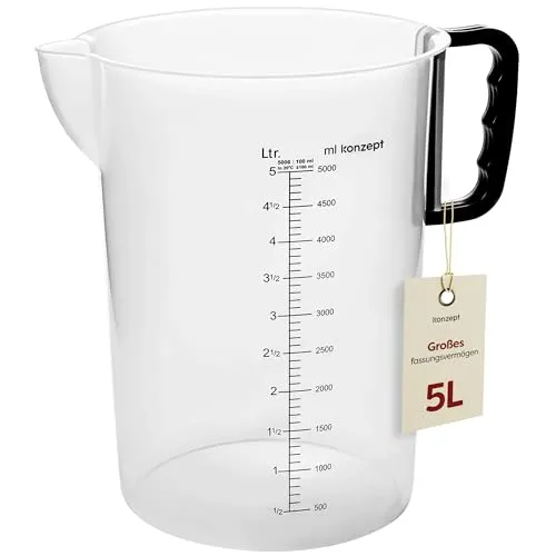 KONZEPT Großer Messbecher 5L – lebensmittelecht, chemikalienbeständig, spülmaschinengeeignet, mit Griff, Skala in ml & l, ideal für Garten, Landwirtschaft & Gastro