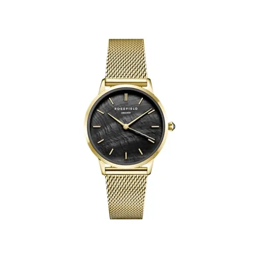 ROSEFIELD Quarzuhr Pearl Edit Mesh Goldfarben/Schwarz - Elegante Armbanduhr für Frauen mit japanischem Quarzwerk, schwarzem Perlmutt-Zifferblatt und vergoldetem Edelstahlarmband, ideal für jeden Anlass.