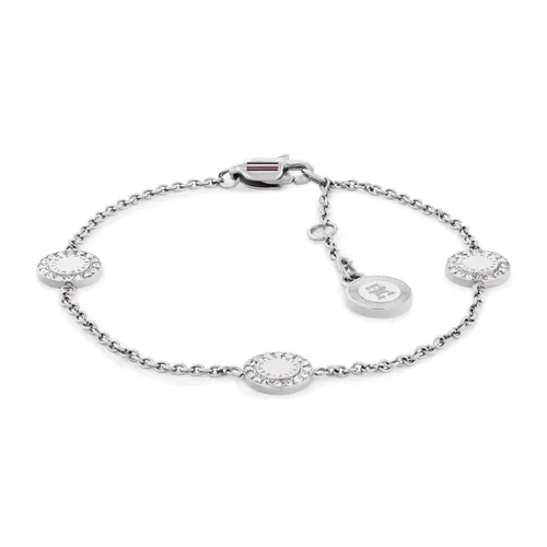 Tommy Hilfiger Damen Armband aus Edelstahl mit Kristallen und Charms - Elegantes Armband für Damen aus hochwertigem Edelstahl, verziert mit funkelnden Kristallen und dem ikonischen Hilfiger-Logo. Verstellbar für optimalen Sitz und perfekt kombinierbar mit weiteren Schmuckstücken.