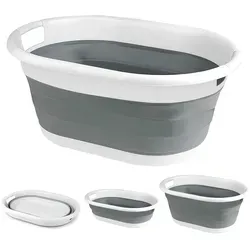 KRUMAD Faltbarer Wäschekorb 53,5×38×24 cm – PP+TPR, klappbar auf 7 cm, mit Griffen, Weiß/Grau, Wäschesammler für Haushalt & Bad - Weiß/Grau