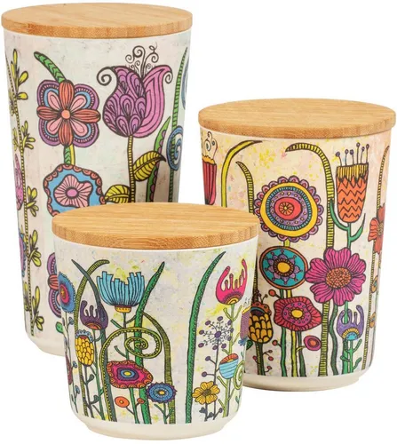 WENKO 3er Set Vorratsdosen Garden Design mit Bambusdeckel - Vorratsdosen aus biologisch abbaubarem Biokunststoff, luftdicht mit Bambusdeckel, einzigartiges Design von Künstlerin Tina Hötzendorfer, ideal für umweltbewusste Küchen.