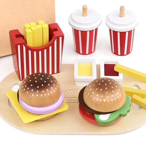 Pillowhale Holz-Burger & Pommes Set – Kinderküche & Kaufladen Zubehör, Rollenspiel Fast-Food Spielzeug, Geschenk ab 3 Jahren