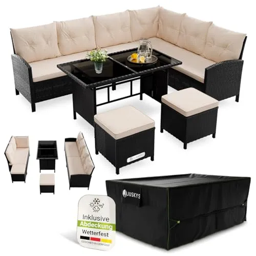 Juskys Polyrattan Lounge Manacor - Stilvolles Gartenmöbel-Set für 8 Personen - Verwandeln Sie Ihren Außenbereich mit der Polyrattan Lounge Manacor in eine Oase der Entspannung. Das Set umfasst ein Ecksofa, 2 Hocker und einen großen Tisch – ideal für gesellige Abende im Freien.