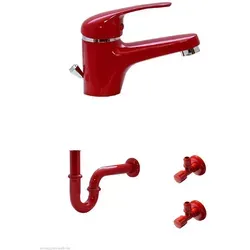 Waschtisch Bad Wasserhahn Armatur Set Rot - Waschtischarmaturen Set mit hochwertiger Armatur, geräuscharmer Kartusche und Wasserspar-Düse. Ideal für modernes Badezimmer-Design, inklusive Siphon und Eckventilen.