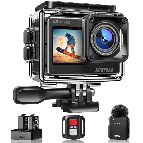 Surfola Action Cam 4K 60FPS - Wasserdichte Unterwasserkamera mit Dual-Screen und WiFi - Action-Cam mit 4K60FPS Videoauflösung, 40m wasserdicht, kabellosem Mikrofon und 2 Akkus – ideal für Wassersport und Abenteueraufnahmen!