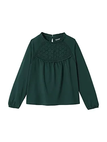 Vertbaudet Mädchen Blusenshirt mit Lochstickerei dunkelgrün 146/152