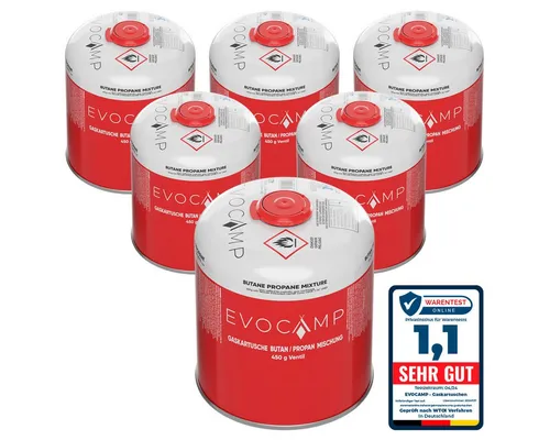 EVOCAMP Gaskartusche 6x Propan Butan 450g - Ideal für Weber Grills - Gaskartuschen für Weber Grills Q100-1200-Serien, 6 Stück, mit Schraubventilkartusche für sicheres Grillen und Camping.