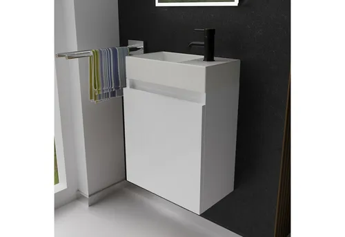 Alpenberger Badmöbel-Set Gäste WC Waschbecken mit Unterschrank - Badmöbel-Set für kleine Bäder, mit modernem eckigen Keramik Waschbecken und Softclose-Unterschrank für sanftes Öffnen und Schließen. Ideal für stilvolle Gästebäder.