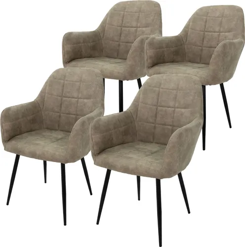 ECD Germany 4er Set Esszimmerstühle - Ergonomische Polsterstühle in Olive - Esszimmerstühle mit Kunstlederbezug und Metallbeinen, bieten hohen Sitzkomfort und ein modernes Design mit quadratischen Mustern für stilvolle Essbereiche.