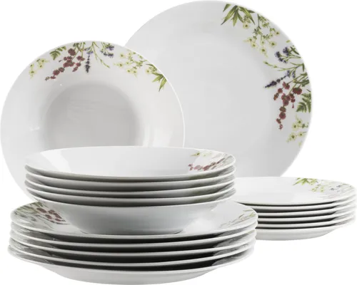 Herbal Garden Tellerset 18-teilig für 6 Personen - Services: Das stilvolle Tellerset mit floralen Motiven bringt frisches Ambiente auf den Tisch und ist spülmaschinen- sowie mikrowellengeeignet für einfache Pflege.