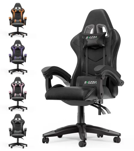 BIGZZIA Gaming-Stuhl - Ergonomischer Bürostuhl mit Lendenkissen und Kopfstütze - Bürostühle für Gamer, höhenverstellbar von 115-125 cm, mit abnehmbaren Kissen für optimalen Komfort und Unterstützung bei langen Sitzungen.