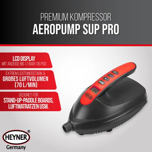 HEYNER® SUP Pumpe elektrisch 16 PSI Premium - Aufblasbare Boards für Stand-Up Paddling, leistungsstarke Hochdruckpumpe mit 70L/min und automatischer Stopp-Funktion für müheloses Befüllen von SUP-Boards und mehr.