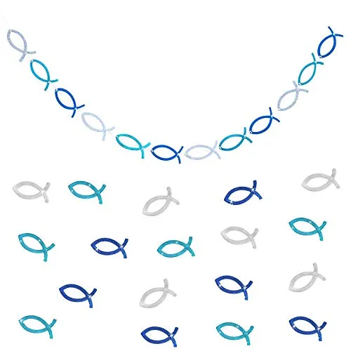 Oblique Unique® Fisch Deko Set für Taufe Kommunion Konfirmation - Fisch Girlande - Fisch Konfetti Türkis Silber Blau Glitzernd Streudeko Hängedeko