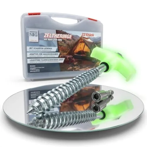 NTG Zelthering mit Gewinde 22 Stück, Adapter für Akkuschrauber, auch für Steinboden leuchten im dunklen |Rostschutz durch verzinkung Hering Zeltanker Sturmhering Erdnägel | Set MIT Koffer