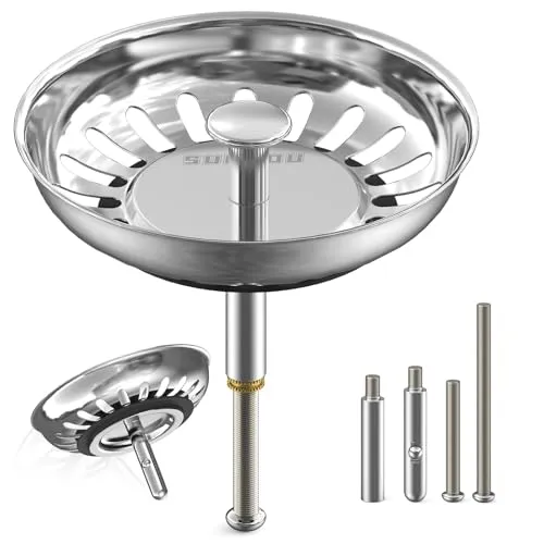 SURFOU Abflusssieb 79mm Edelstahl, Rostfreier Siebkörbchen Abflussstopfen für Waschbecken Küche, Spüle Zubehör mit 2 Höhenverstellbaren Exzenterstiften und 1 Edelstahlstift