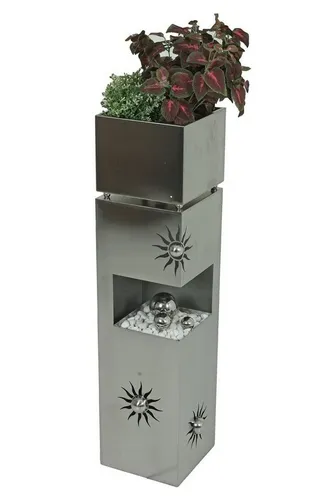 Edelstahl Pflanzsäule mit Sonnenmotiv - Garten-Zubehör: Elegante Blumensäule aus Edelstahl, Höhe 102 cm, verziert mit einem ansprechenden Sonnenmotiv für einen besonderen Blickfang in Ihrem Garten.