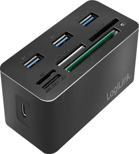 LogiLink CR0046 Kartenlesegerät, USB-C 3.0, mini, schwarz - Kartenleser für SD, MMC, Micro-SD, CF, MS mit USB-C 3.0 Anschluss, externes Design und 3x USB 3.0 Ports für vielseitige Nutzung.