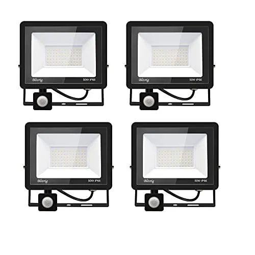 Blivrig LED Strahler mit Bewegungsmelder Außen 50W Warmweiss, Fluter mit Bewegungssensor, Superhell 5000LM Aussenstrahler, IP66 Wasserdicht Scheinwerfer, für Garten, Garage (4pcs-Warmweiß, 50W)