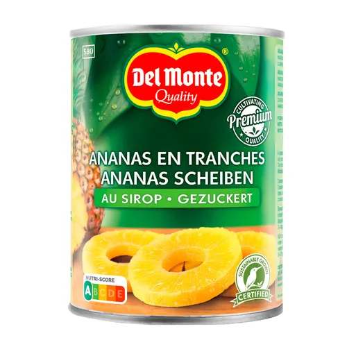 Del Monte Ananas Scheiben gezuckert 570g - Fertiggericht mit reichhaltigem Ananas-Aroma, ideal für Desserts und Snacks, in praktischer Dose für einfache Lagerung.