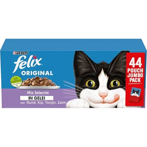 Felix Original Jumbo Pack Gemischte Vielfalt in Gelee - 44 x 85 g - Katzenfutter mit Huhn, Thunfisch, Lachs und Rind in praktischen 85-g-Portionsbeuteln, ideal für verwöhnte Katzen und für eine abwechslungsreiche Ernährung.