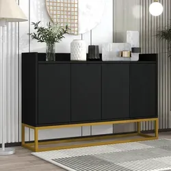 Sideboard Aus Spanplatte Und Mdf In Schwarz, 120x30x80 Cm, 4 Türen, 2 Verstellbare Einlegeböden, Metallrahmen