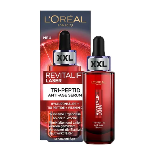 L'Oréal Paris XXL Tri-Peptide Serum - Tagespflege mit 3in1 Anti-Aging Wirkung: Straffendes Serum mit Hyaluronsäure, Vitamin C und Argireline-Peptid für sichtbar glattere und hydratisierte Haut.