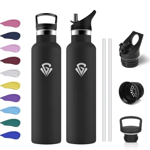 Thermosflasche 1L, Auslaufsicher Wasserflasche Kohlensäure Geeignet, Trinkflasche Edelstahl mit Strohhalm, Isolierflasche Doppelwandig, BPA-frei, Sportflasche für Büro, Reisen, Laufen, Fitness