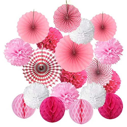 ZERODECO Seidenpapier Pompoms, Papier Fans Fächer und Wabenbälle Dekorpapier Kit für Geburtstag Hochzeit Baby Dusche Parteien Hauptdekorationen - (Rosa)