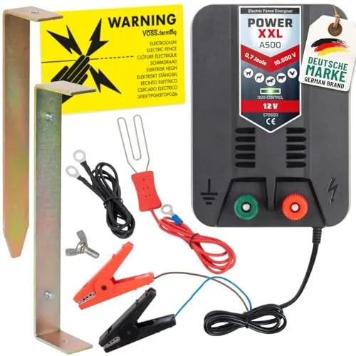 Power XXL A500 12V Weidezaungerät Set Elektrozaungerät für kleine Einzäunungen, Paddock Weidezaun Gehege 10.000 Volt 0,67 Joule inklusive Zubehör