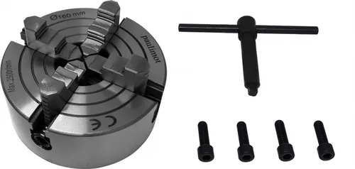 Vierbackenfutter 160 mm - einzeln verstellbare Backen - Zubehör für Elektrowerkzeug, vielseitig einsetzbar mit Innen- und Außenbacken, inklusive Futterschlüssel und Befestigungsschrauben für einfache Handhabung.